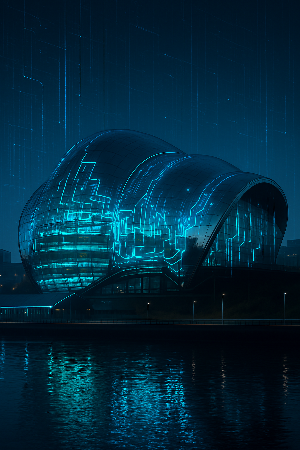Futuristic representation of Newcastle's Sage Gateshead building with glowing digital patterns.