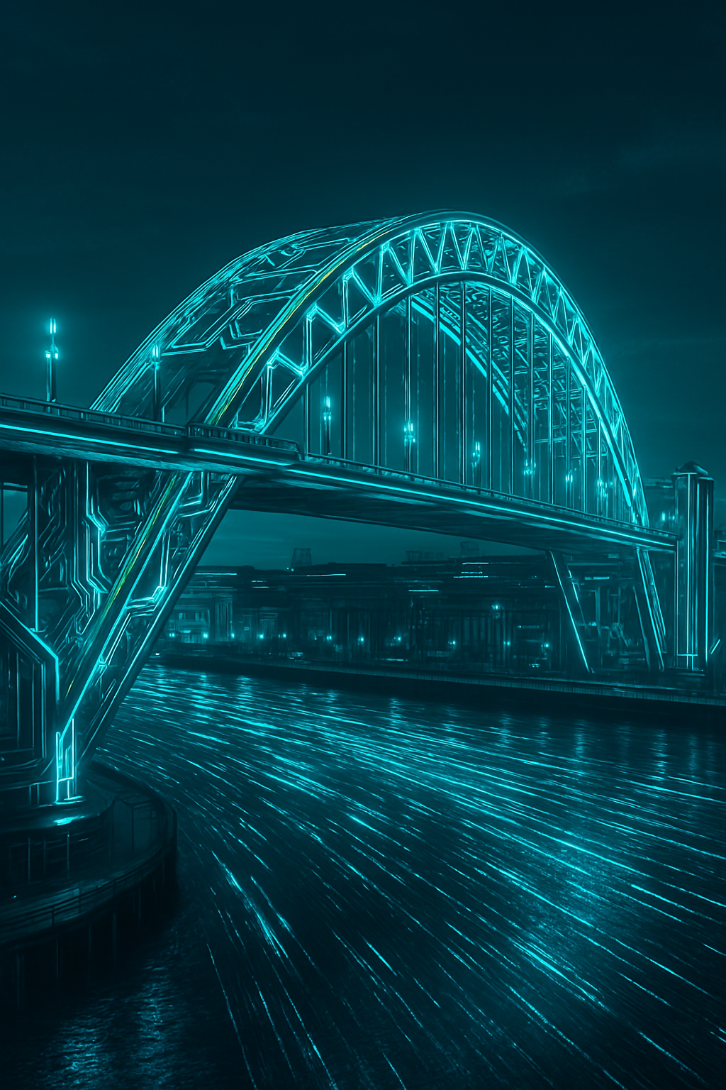 Futuristic concept art of the Tyne Bridge with technology elements.